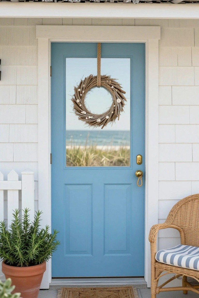 White wooden beach cabin with curved roof and blue front door decorated by a wreath of oyster shells, leaves, dried oranges, and navy bow, flanked by blue-glazed pots of dune grass on a sandy patio with stone steps.
