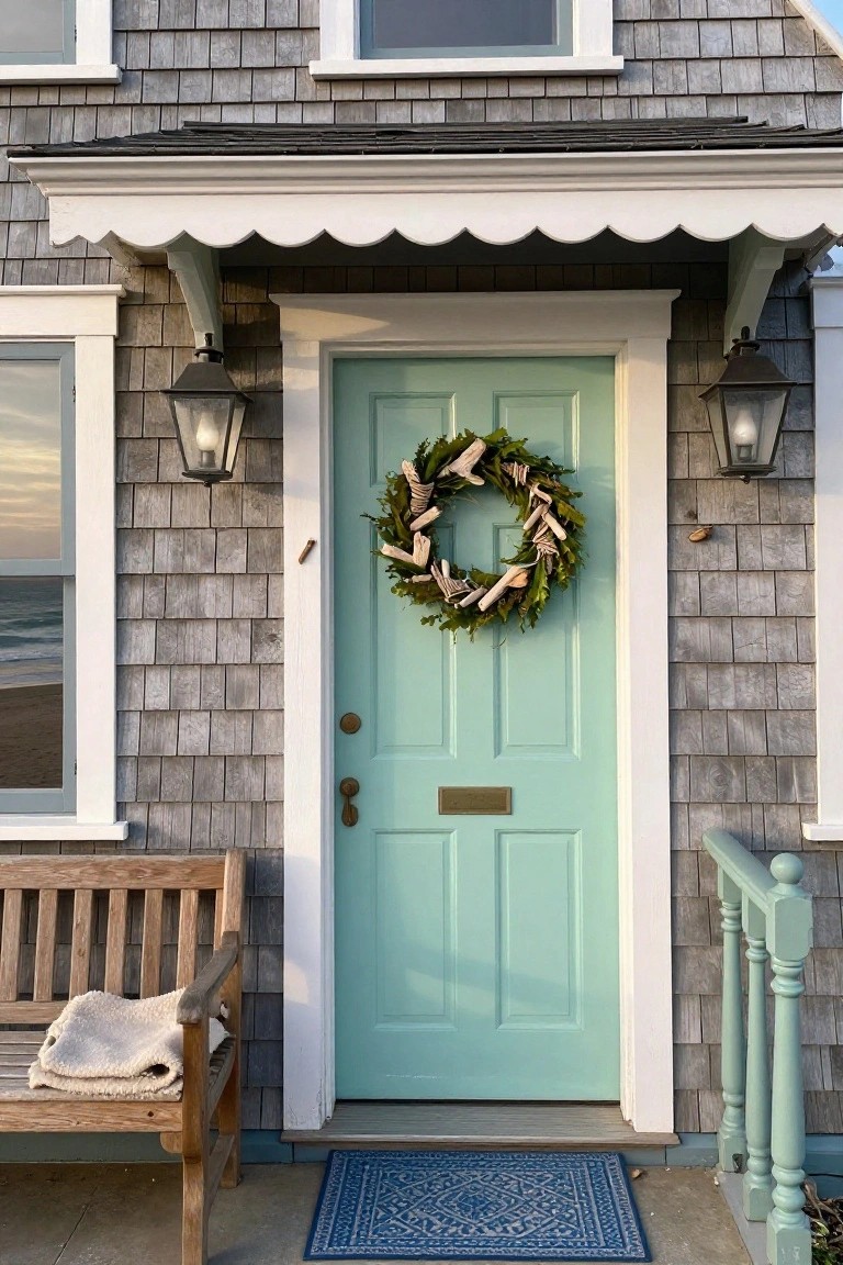 White exterior wall with black-framed glass front door hung with a round eucalyptus wreath tied with black ribbon, gray metal awning above, two potted green shrubs in concrete planters to the left, wooden bench with white fabric to the right, and concrete steps.