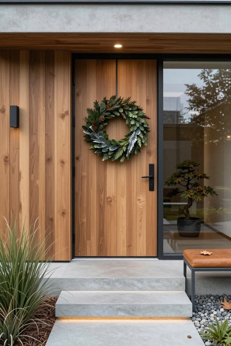 A narrow urban balcony at dusk with potted succulents, hanging plants, string lights, a small bistro table, and one chair next to a glass door.