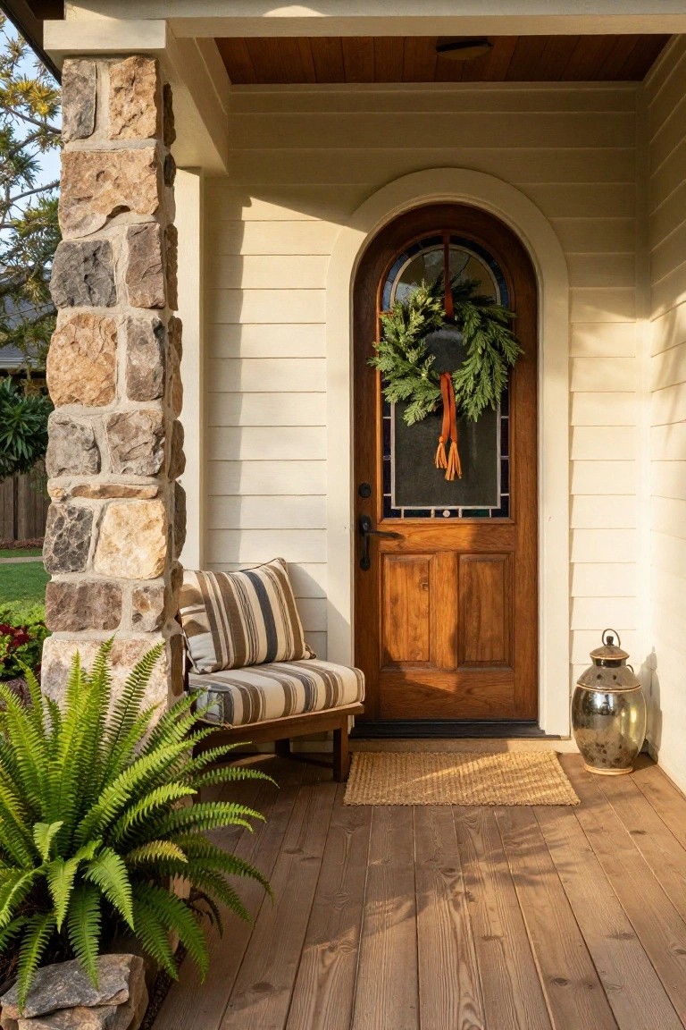 White paneled garage door on a stucco house exterior with a large circular Christmas wreath of green fir branches and beige pampas grass hung in the center, wooden bench with beige cushions below, potted olive tree to the side, and concrete driveway with gravel edging.