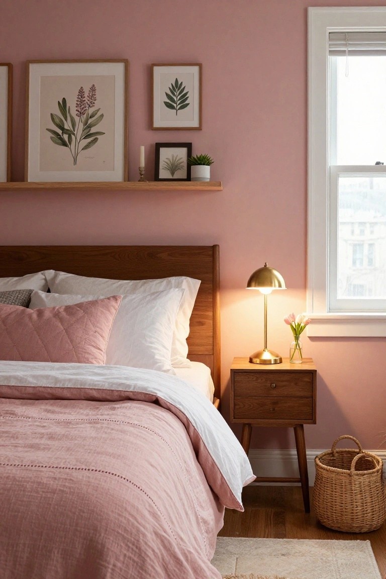 Cozy bedroom featuring blush pink walls, wooden bed frame and nightstand with gold lamp and tulips, white and pink bedding, floating wooden shelf with botanical art and plants, and a wicker basket on hardwood floor.