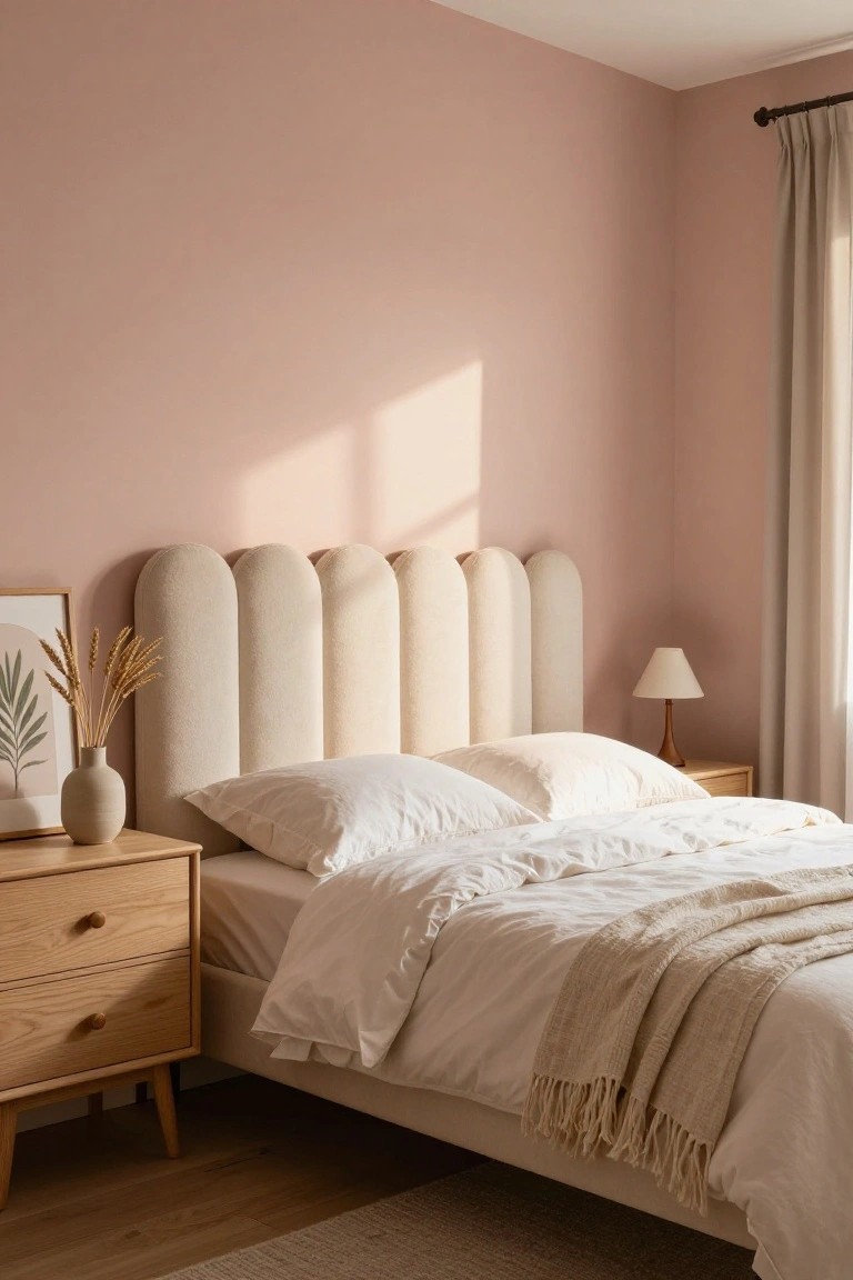 Bedroom interior with blush pink walls, curved cream-colored upholstered headboard, white duvet and pillows on the bed, wooden nightstand with lamp, potted plant, and beige curtains beside a window.