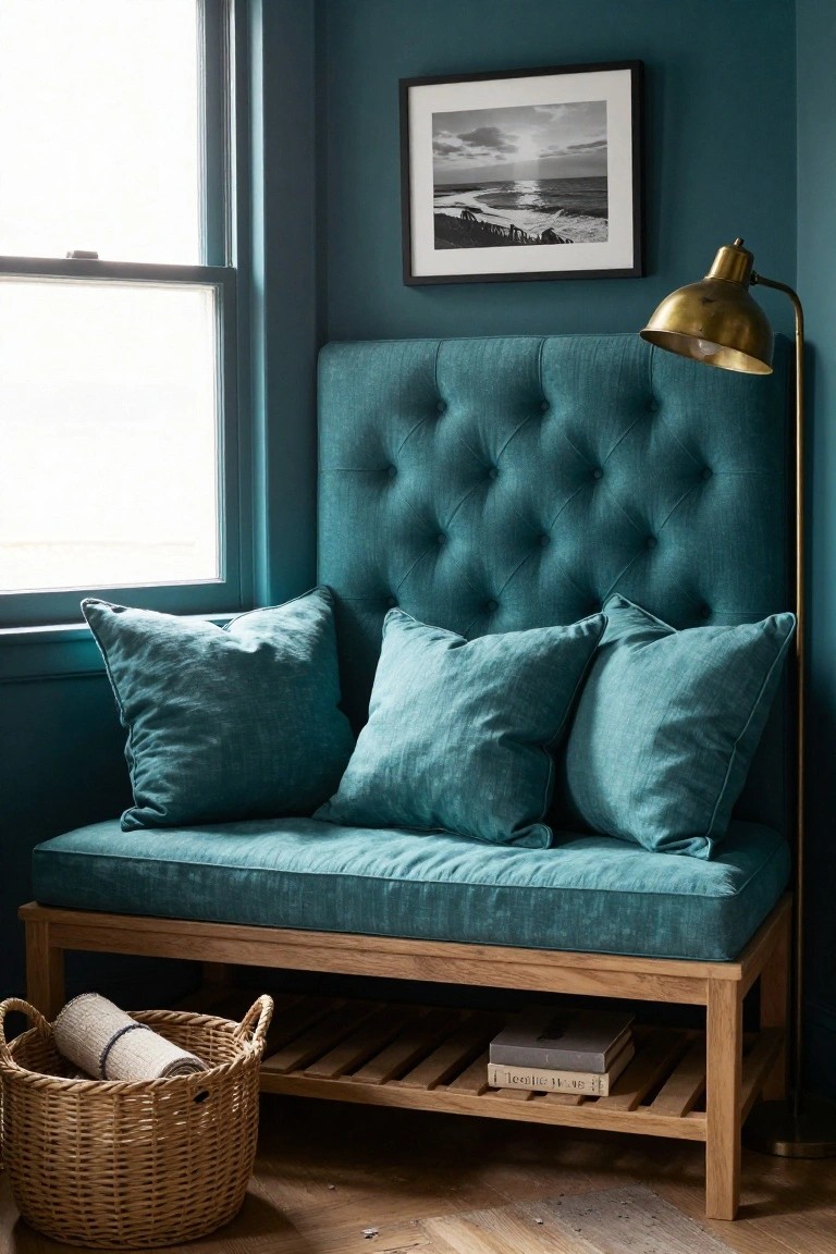 Corner of an indoor room with deep teal painted walls, a teal tufted bench on an oak frame with pillows, a gold floor lamp, black-framed photo, and wicker basket with towel on wooden floor.
