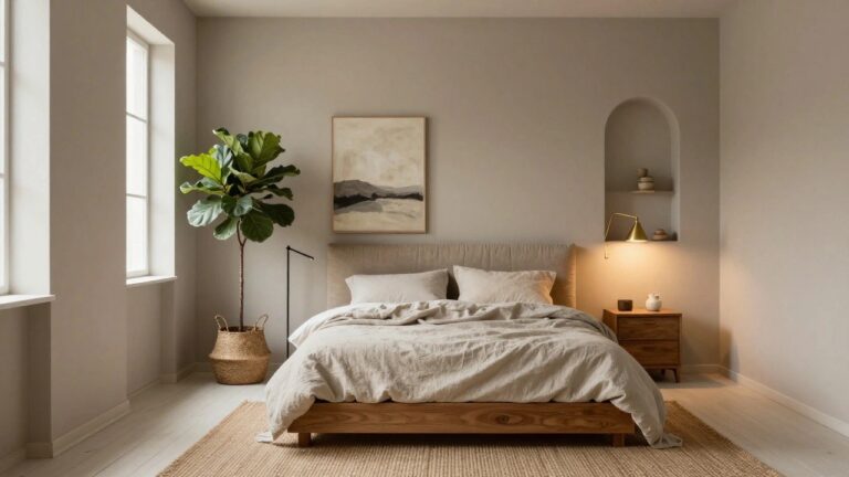 Bedroom interior with light greige walls, oak wood bed frame with arched niche, white linen bedding, bedside table with ceramic vase, fiddle leaf fig plant in woven basket, brass lamp, and seagrass rug on light wood floor.