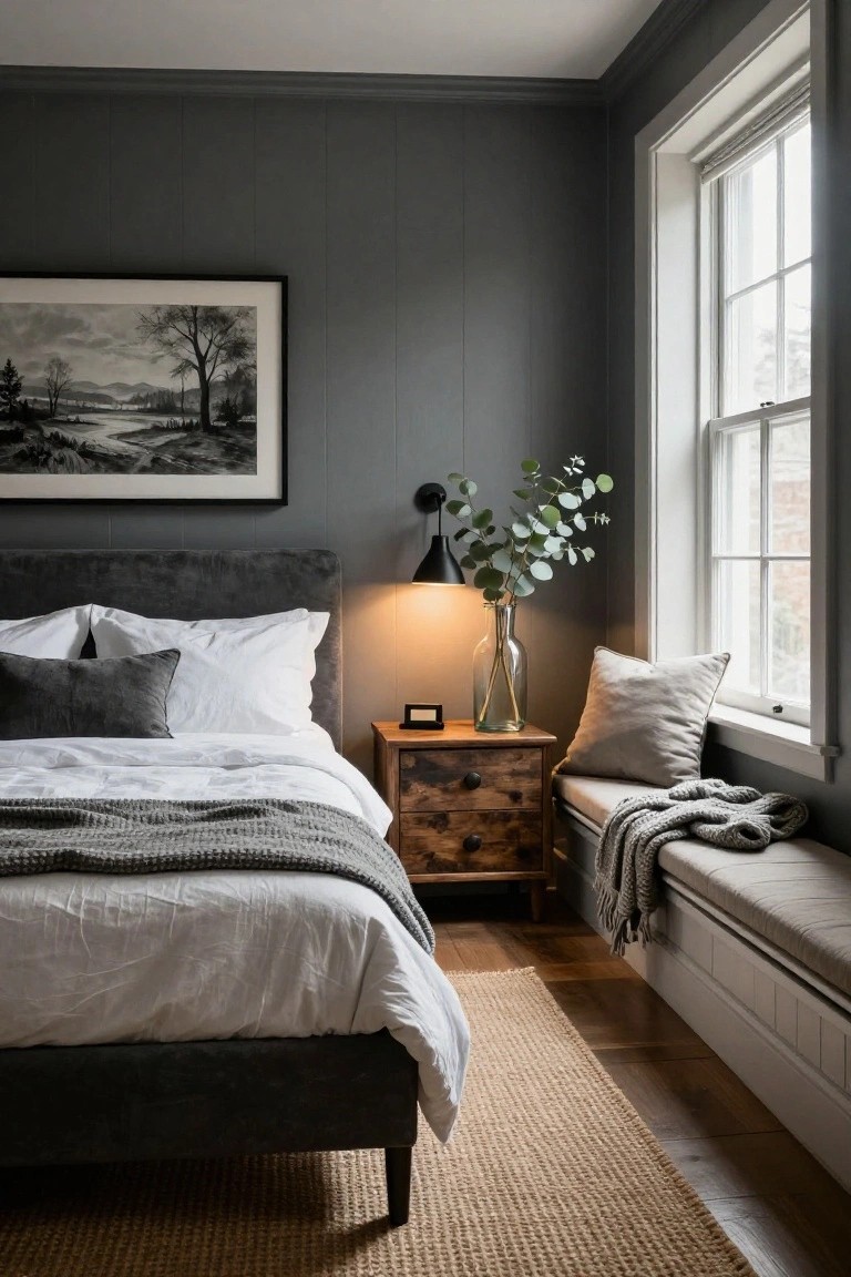 Corner of a bedroom with dark gray vertical plank walls, gray upholstered bed with white sheets gray pillows and knit throw, wooden nightstand holding lamp and glass vase of eucalyptus, window bench with beige cushion gray pillow and knit throw, jute rug on hardwood floor.
