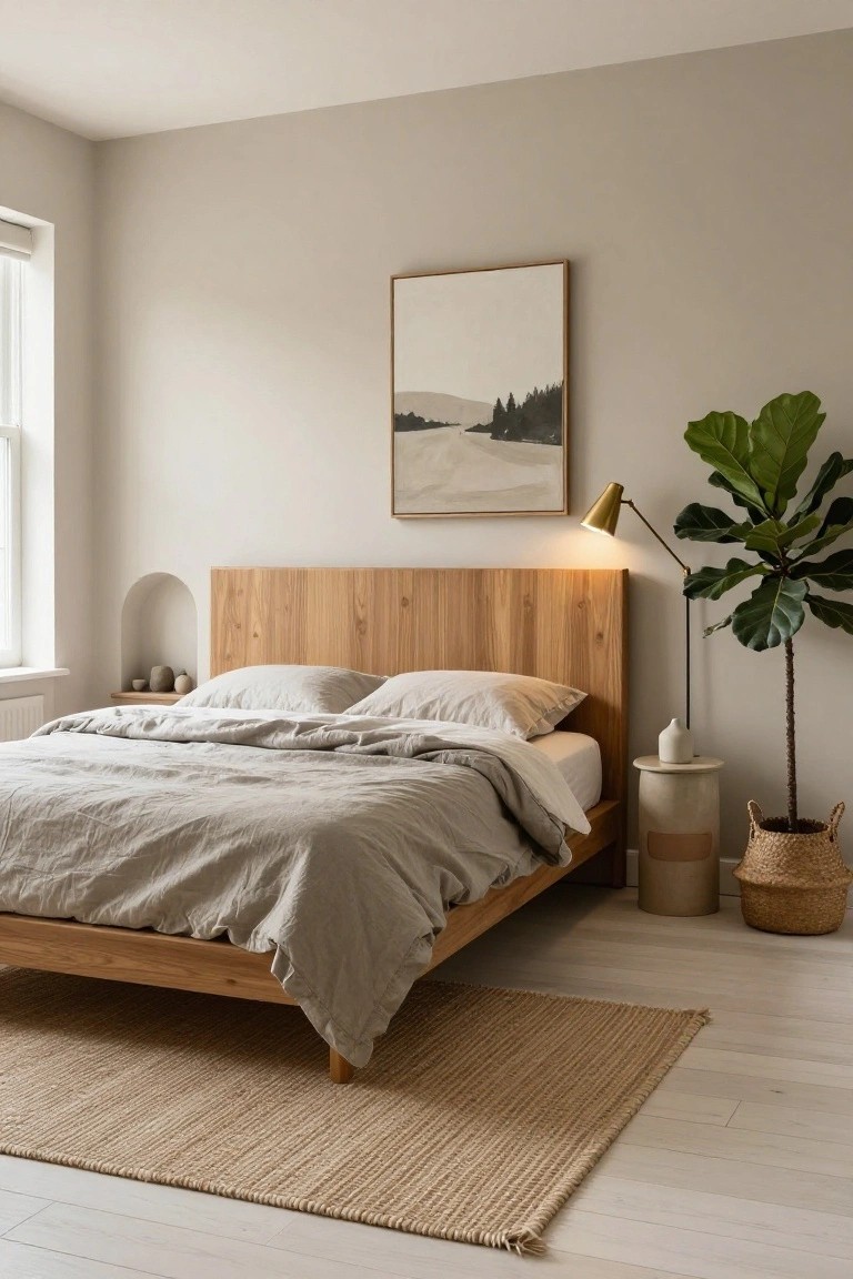 Bedroom interior with light greige walls, oak wood bed frame with arched niche, white linen bedding, bedside table with ceramic vase, fiddle leaf fig plant in woven basket, brass lamp, and seagrass rug on light wood floor.