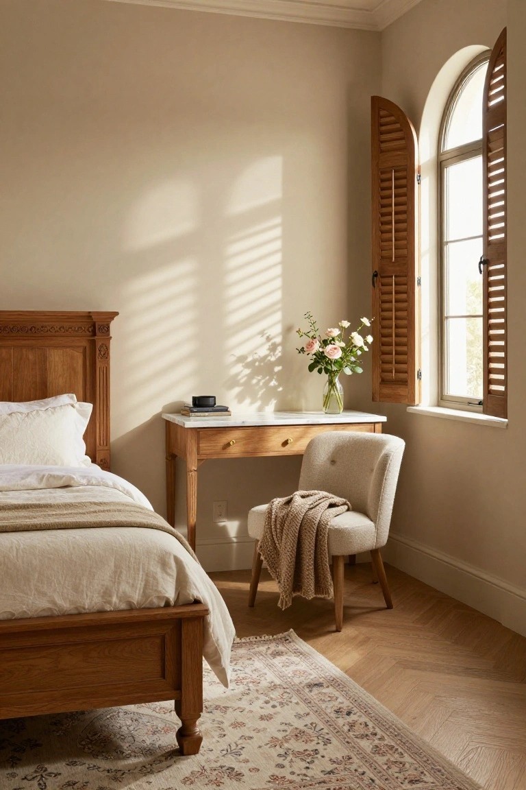 Bedroom with light beige walls, wooden bed with white linens, wooden desk holding a vase of roses and books, cream upholstered chair with knit throw, open wooden shutters on arched window, and herringbone wood floor.