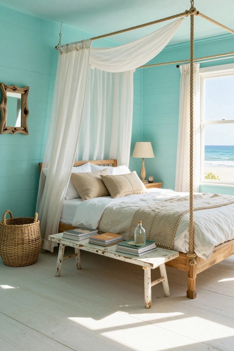 Bedroom interior with light teal shiplap walls, a wooden four-poster bed draped in white sheer curtains, neutral bedding, wooden bench with books, lamp, basket, and window showing ocean view.