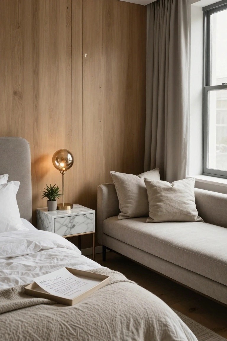 Bedroom corner with light vertical wood paneling on walls, gray upholstered bed draped in white sheets and beige throw holding wooden tray with papers, white marble nightstand with potted plant and gold globe lamp, beige daybed with linen pillows, and large window with beige curtains.