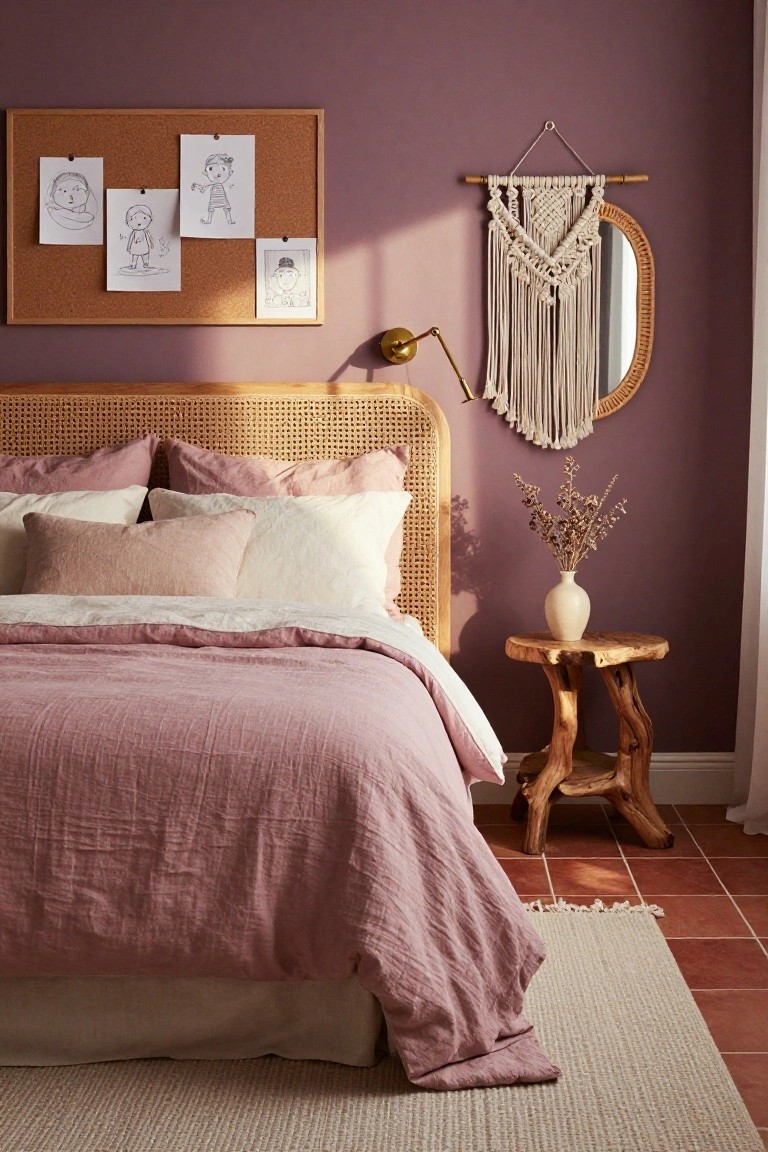 A bedroom with mauve walls, rattan headboard bed dressed in pink and white linen bedding and pillows, live-edge wooden side table holding a vase of dried branches, macrame wall hanging with round mirror, and corkboard displaying children's drawings.