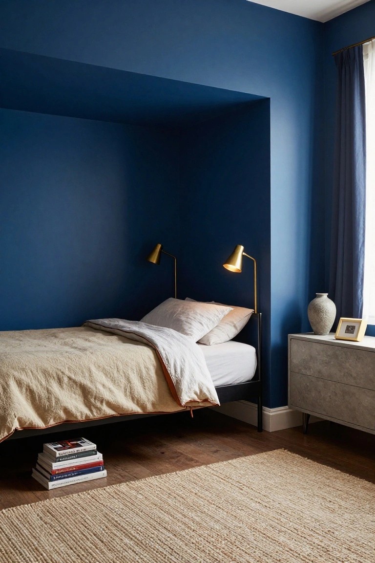 Bedroom interior with deep navy blue walls, a single bed with beige and white linens, two gold wall lamps, a white dresser, vase, and stack of books on a light wood floor with seagrass rug.