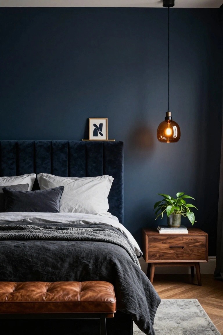 Bedroom interior featuring dark navy blue walls, navy velvet tufted headboard with white and gray bedding, walnut nightstand holding books and a potted plant, leather bench at bed foot, pendant light, and wood floor with gray rug.
