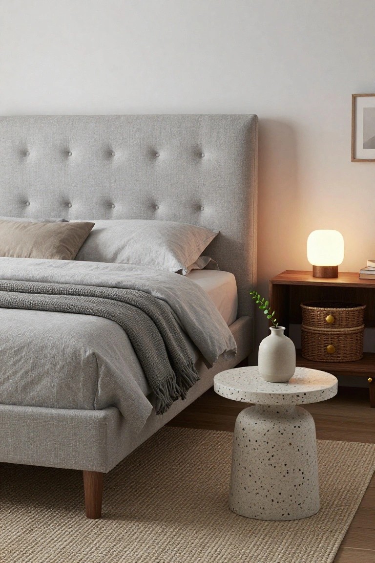 Bedroom with pale gray walls, tufted gray upholstered bed frame, neutral linen bedding and gray throw, speckled white side table, wooden nightstand holding a white lamp, books, woven baskets, vase with eucalyptus, and beige rug on wood floor.