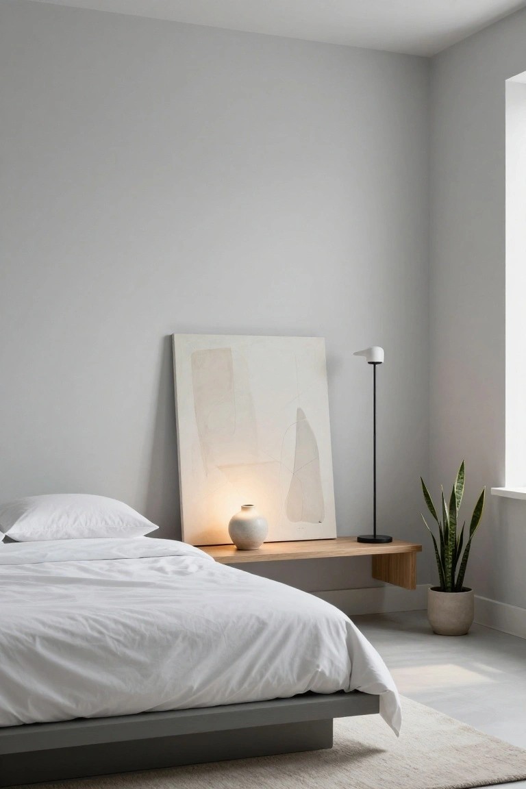Corner of a minimalist bedroom with pale gray walls, low gray platform bed with white rumpled linens and pillows, wooden floating shelf holding white lamp and ceramic vase, large abstract beige painting, snake plant in ceramic pot by window, light wood floor and beige rug.