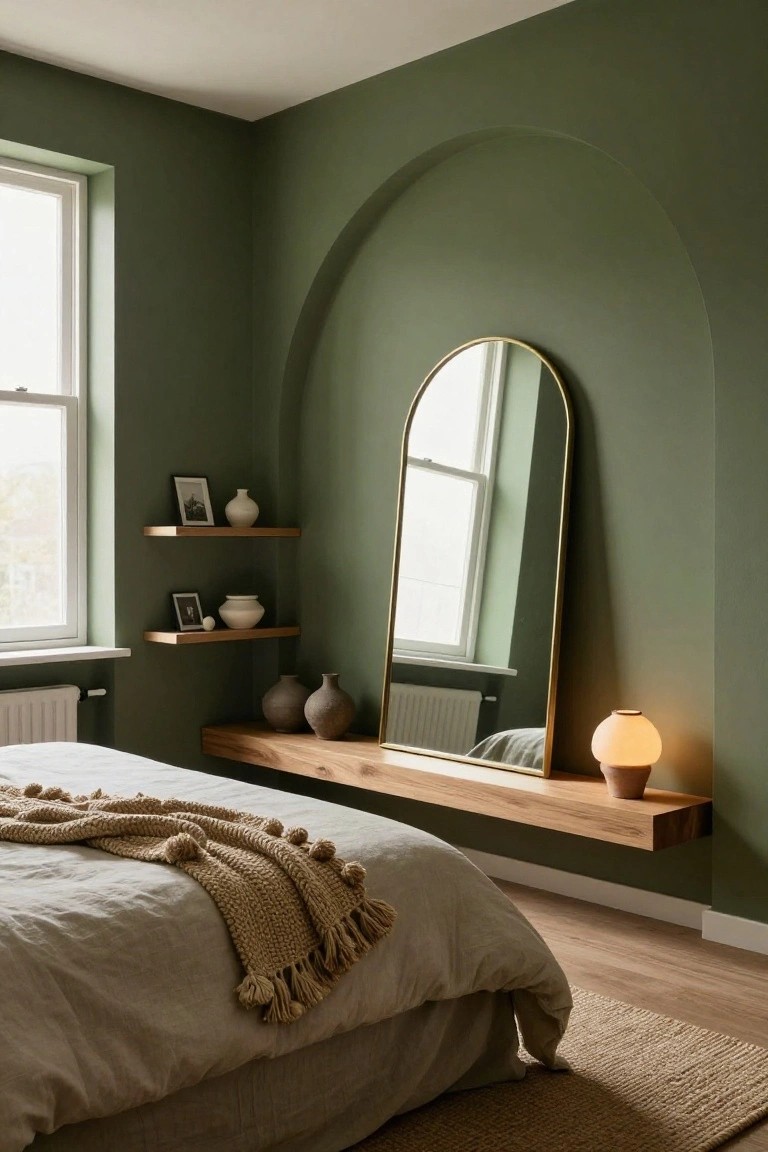 Bedroom corner with sage green walls, tall arched gold mirror in niche, wooden floating shelves with ceramic pots, bed with beige linens and knit throw, and globe lamp on shelf.