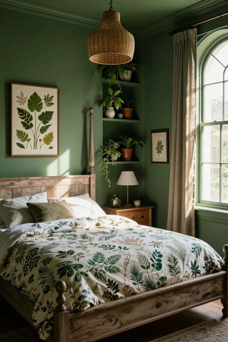 Bedroom interior featuring sage green walls, a wooden four-poster bed with white floral duvet cover and green pillows, potted plants on built-in shelves, a wicker pendant light, and beige curtains on an arched window.