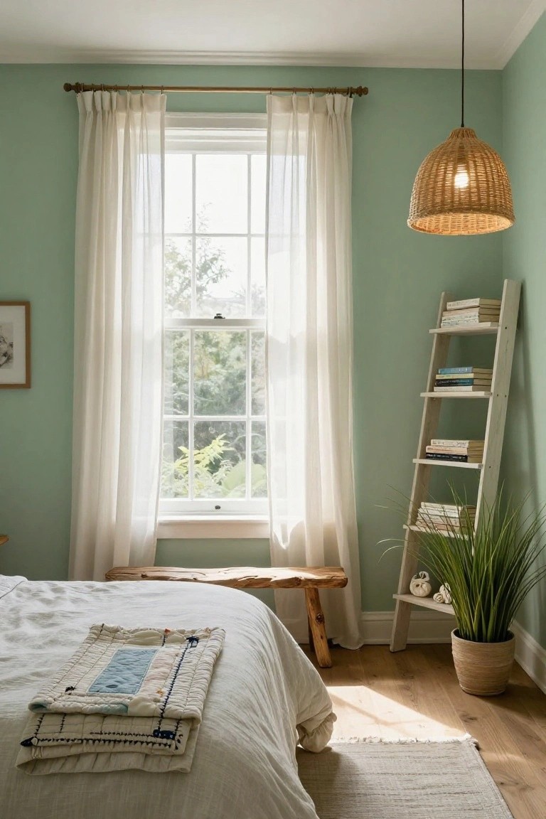 Bedroom interior featuring light sage green walls, a large window with sheer white curtains, ladder bookshelf with books, wooden bench at the foot of a white bed with quilted throw, potted plant, rattan pendant light, and hardwood floors.