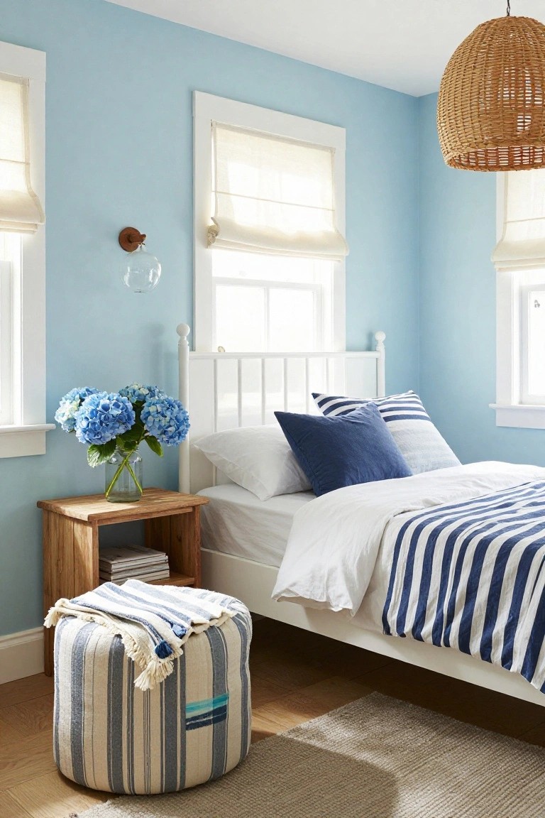 Bedroom with pale blue walls, white paneled bed dressed in white sheets and navy striped duvet with striped pillows, blue hydrangea bouquet on wooden nightstand, rattan pendant light overhead, striped ottoman on hardwood floor with seagrass rug.