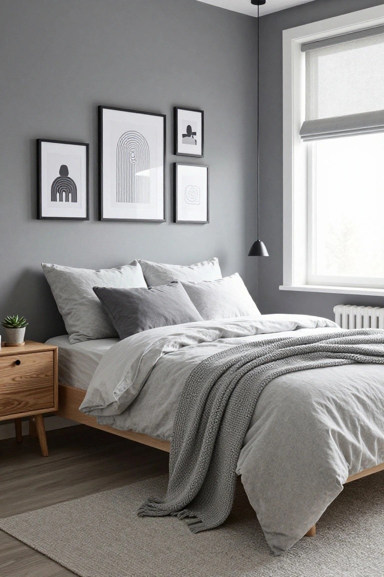 Bedroom with light gray walls, platform bed dressed in white linens and gray throw, wooden nightstand holding a succulent, black-framed abstract art, pendant light, and window with gray roller blind.