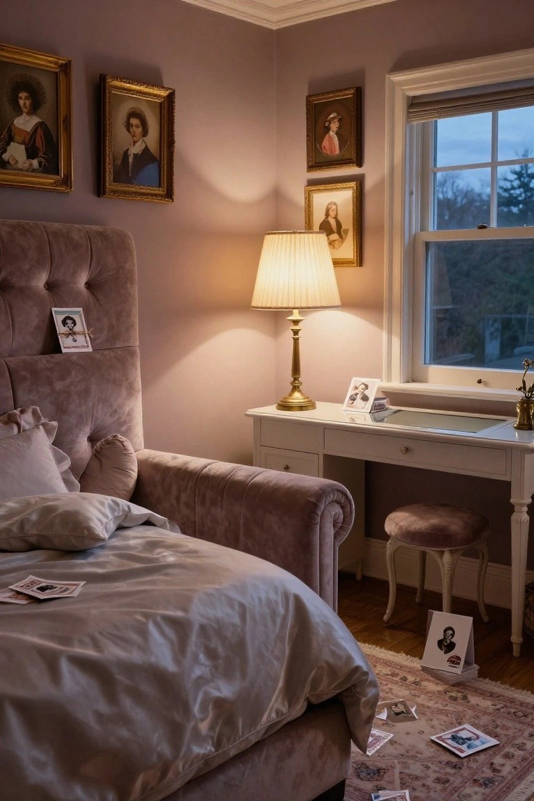Bedroom with mauve walls, tufted mauve headboard bed, white desk and gold lamp, window with blinds, and scattered photos and portraits on bed, floor, and furniture.