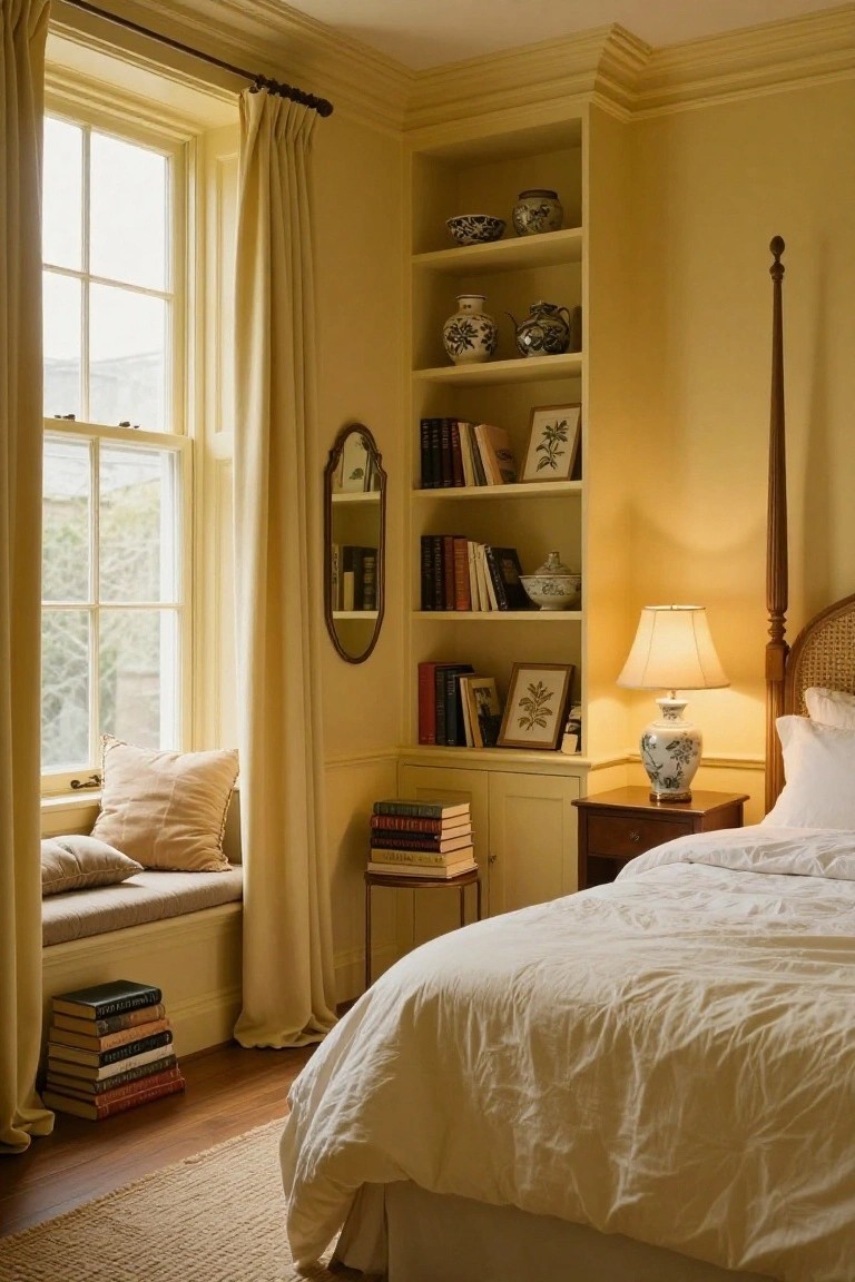 A bedroom with pale yellow walls, built-in bookshelves holding books and ceramics, a white four-poster bed with ruffled bedding, a window seat with beige pillows, and stacks of books on the floor.