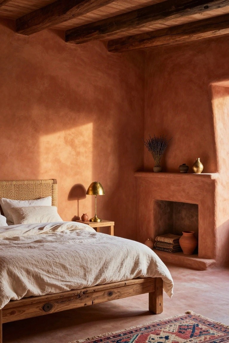 Bedroom with terracotta plaster walls, wooden beam ceiling, rattan headboard bed draped in white linens, brass desk lamp, side table, built-in fireplace shelf holding lavender bouquet and pottery, and woven rug on terracotta floor.