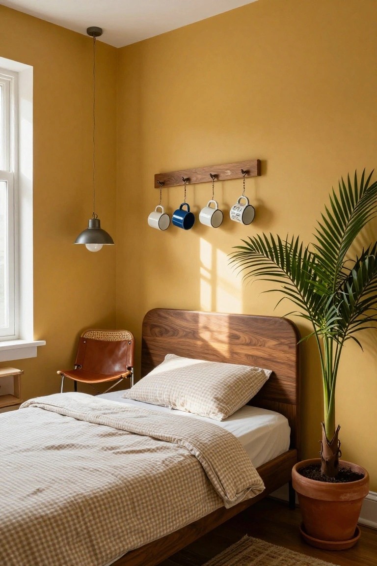 Corner of a bedroom with mustard yellow walls, wooden bed with beige checkered duvet and pillows, rattan and leather chair, wooden mug rack with hanging mugs, pendant light, window, and tall potted palm plant on wood floor.