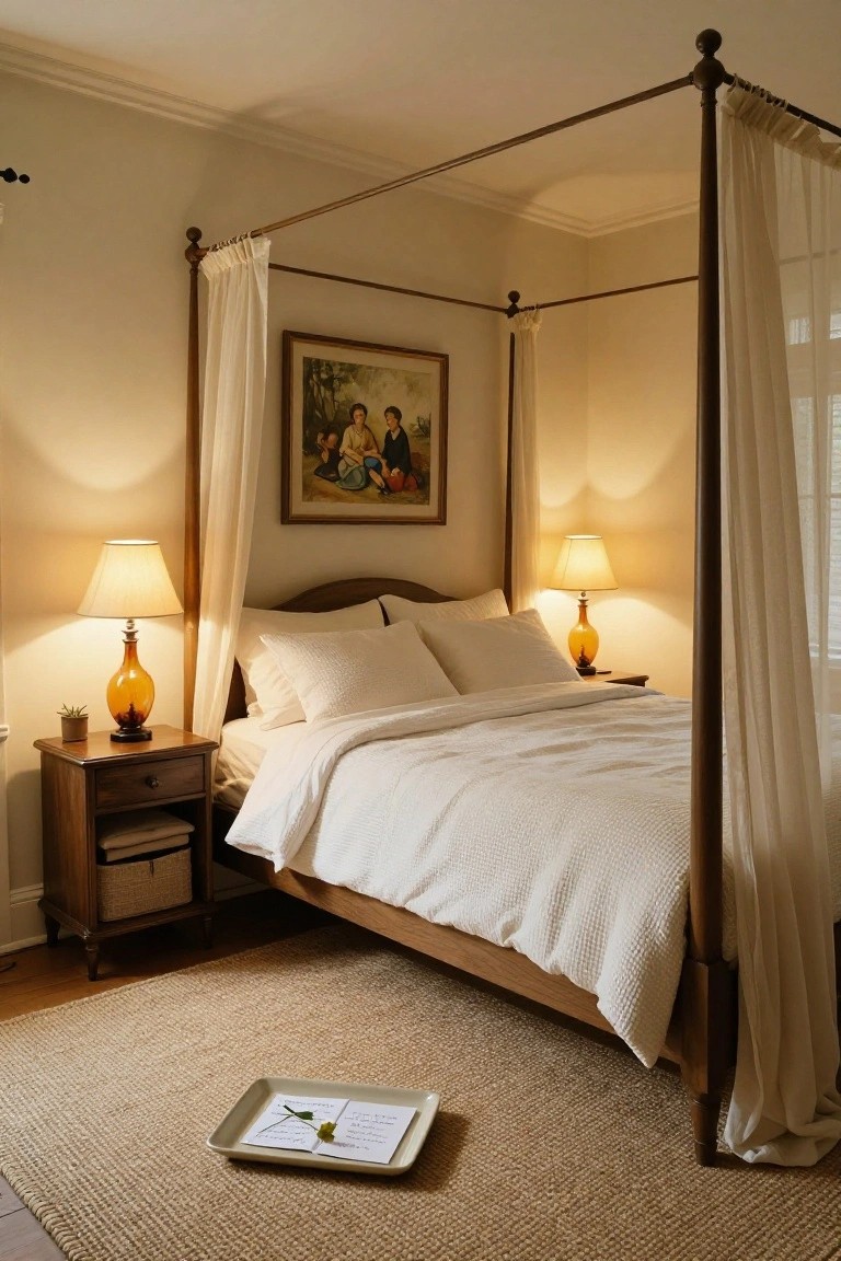 Cozy bedroom with wooden four-poster canopy bed draped in sheer white fabric, white linens, two amber glass lamps on wooden nightstands with a plant, a framed painting on pale walls, and a tray on a beige rug.