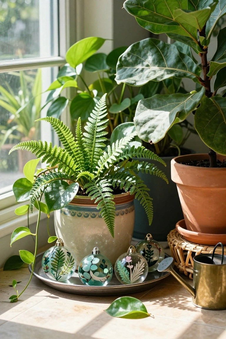 Windowsill with potted fern in blue-glazed pot, trailing plants, large-leaf houseplants in background, and glass Christmas ornaments painted with fern and leaf designs on silver tray next to brass watering can.