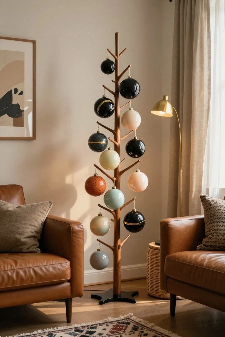 Wooden branch-shaped stand with multicolored spherical Christmas ornaments hanging from its branches in a modern living room corner next to tan leather armchairs, a gold arc lamp, and beige curtains.