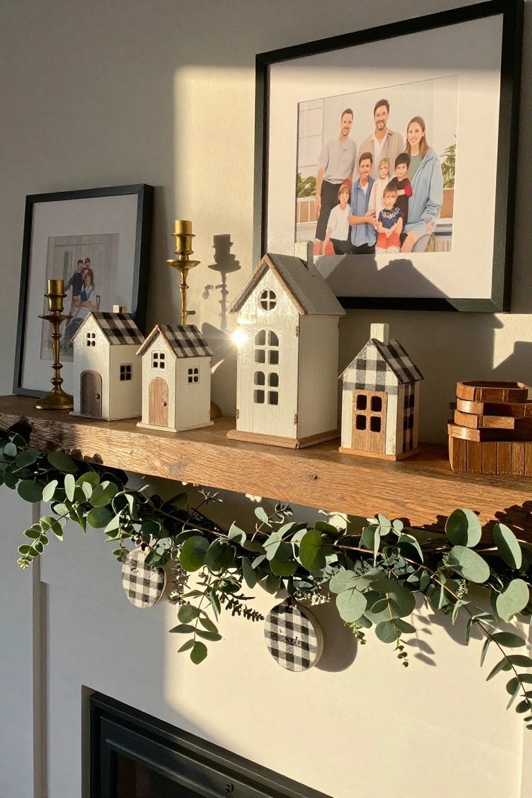 Wooden mantel shelf above a fireplace holding small white wooden houses with black-and-white checkered roofs and doors, family photos in black frames, brass candlesticks, stacked wooden coasters, with eucalyptus garland and checkered fabric circles draped along the front.
