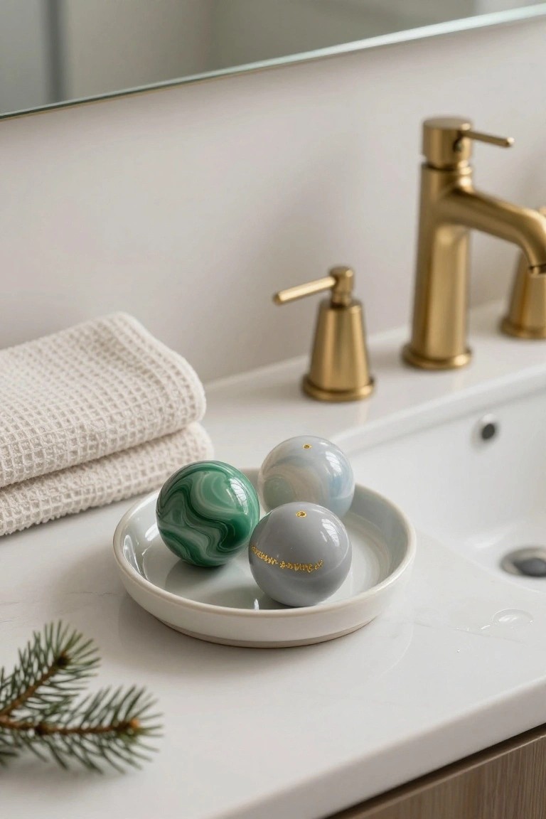 White bathroom countertop with gold faucet and handles, folded white towels, a white dish holding three painted spherical ornaments in green marbled and gray tones with gold accents, and a small pine sprig nearby.