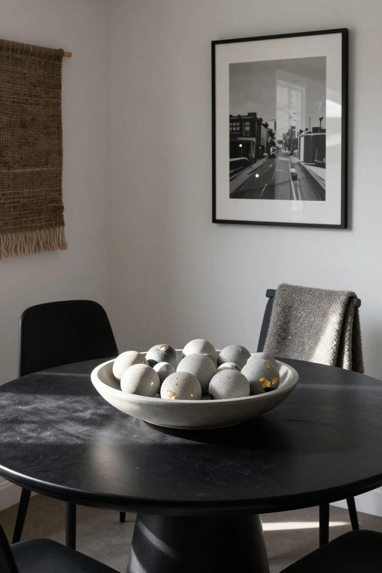 Black round dining table with black chairs in a white room, white bowl on table filled with gray textured spheres some with gold flecks, woven wall hanging, black and white framed photo on wall, gray draped chair.