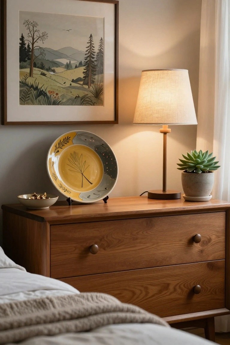 Wooden mid-century dresser in a bedroom corner topped with a large yellow and gray painted plate on a black stand, a fabric-shaded lamp, potted succulent, small bowl with metallic objects, beside a framed landscape painting and sheer window curtain.