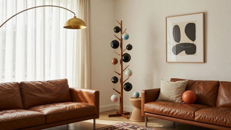 Wooden branch-shaped stand with multicolored spherical Christmas ornaments hanging from its branches in a modern living room corner next to tan leather armchairs, a gold arc lamp, and beige curtains.