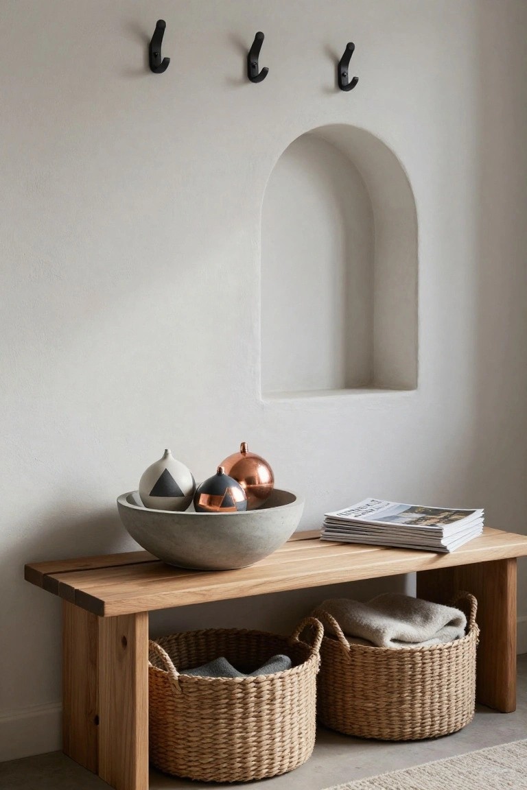 Wooden entry bench with concrete bowl holding painted geometric ceramic ornaments in white, gray, black, and copper, flanked by two woven baskets with blankets, black wall hooks above, and arched white niche on light wall.