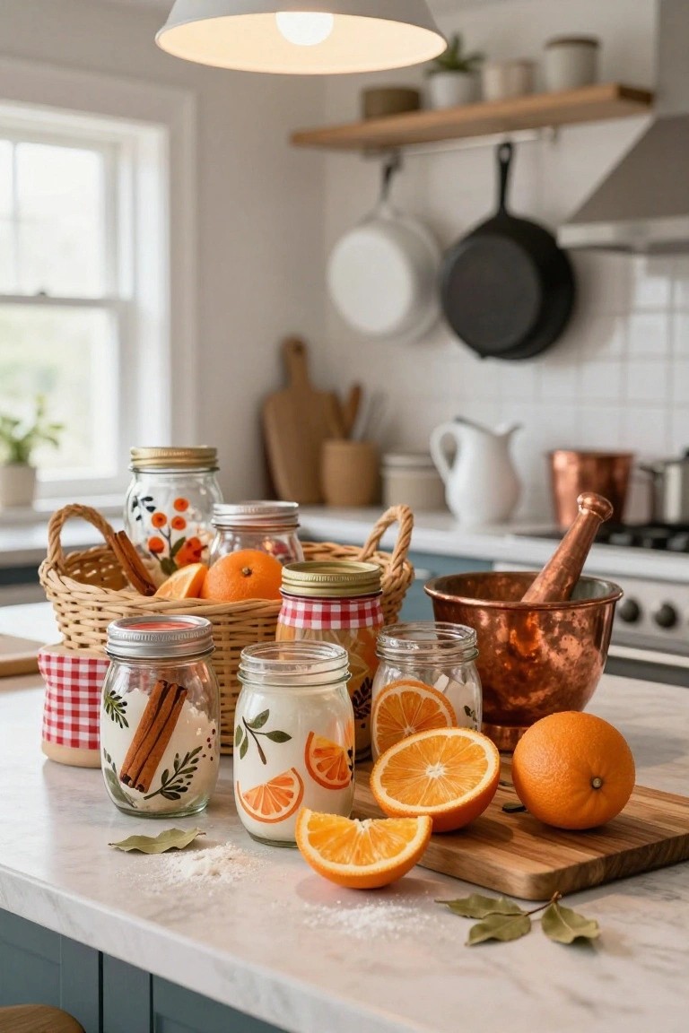 Kitchen countertop with painted glass jars featuring orange slice and cinnamon designs, filled with oranges, cinnamon sticks, sugar, and spices, next to sliced oranges, a copper mortar and pestle, and a wicker basket.