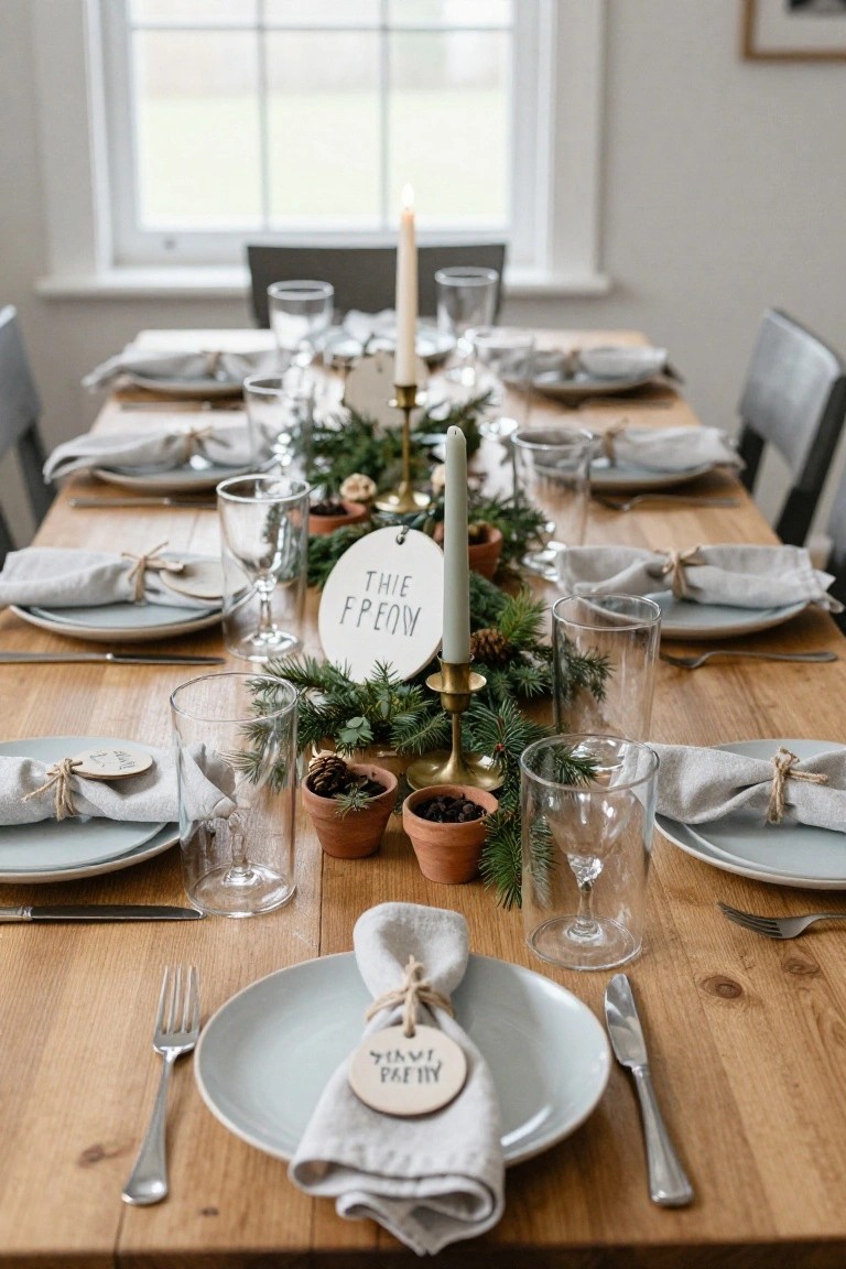 Close-up view of a wooden dining table set for Christmas with gray plates, linen napkins tied with twine and wooden disc tags painted with words like 