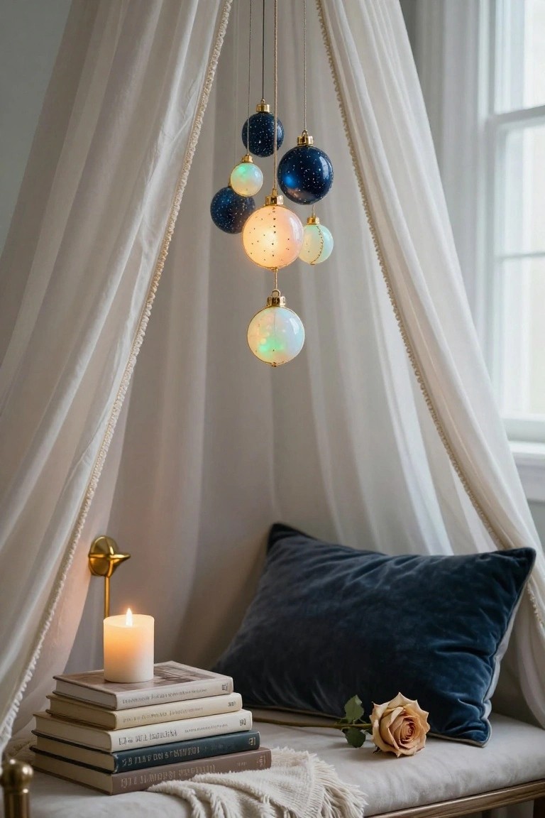 Cozy indoor nook under sheer canopy drapes with cluster of glowing blue starry and opalescent hanging Christmas ornaments, lit candle on gold holder, stack of books, navy velvet pillow, peach rose, and cream throw on wood bench.