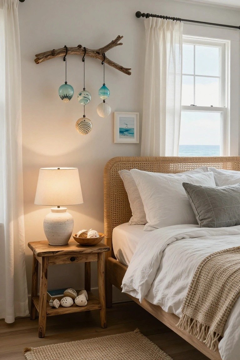 Coastal bedroom interior with rattan headboard bed dressed in white linens, wooden nightstand holding a ceramic lamp and bowl of shells, driftwood branch on wall suspending blue and white glass ornaments, sheer curtains at window with ocean view.