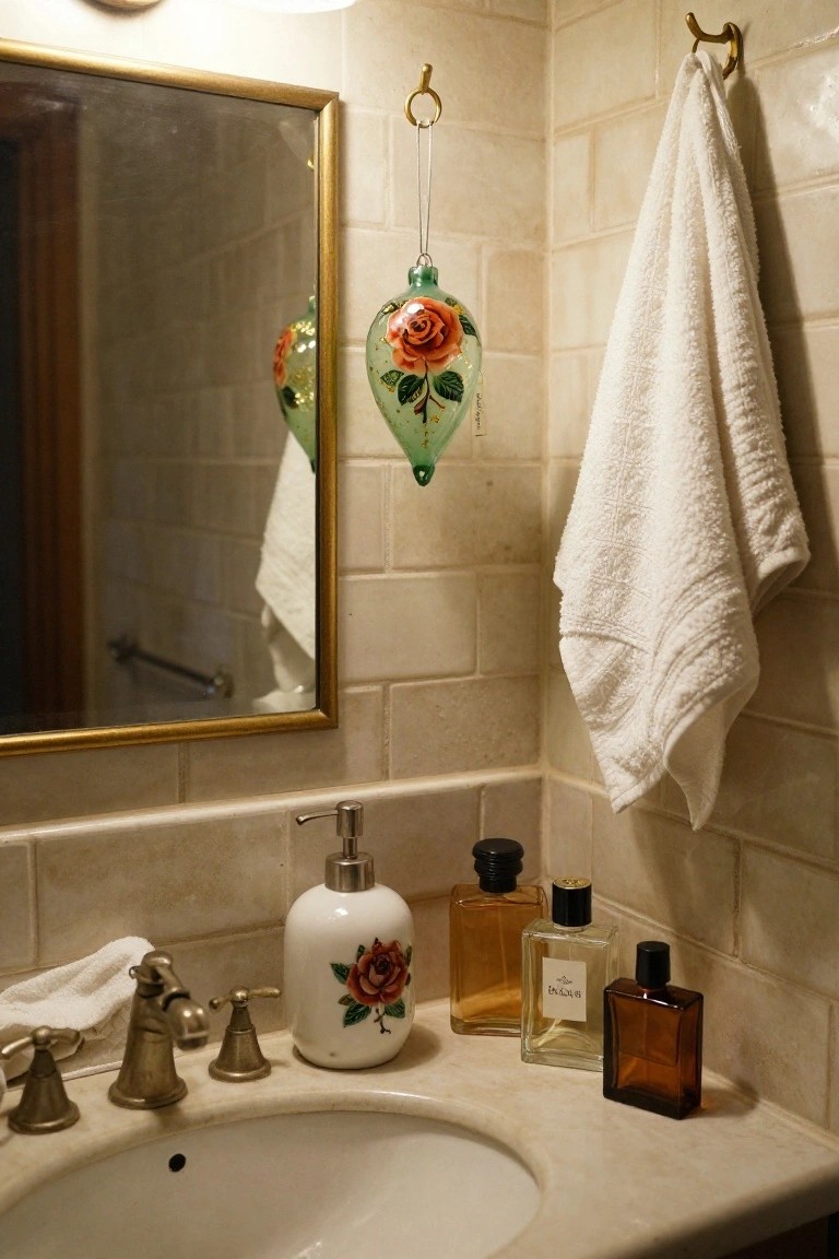 Bathroom sink counter with brass faucet, white rose-decorated soap dispenser, perfume bottles, and a green glass Christmas ornament painted with roses hanging from a hook near a gold-framed mirror.