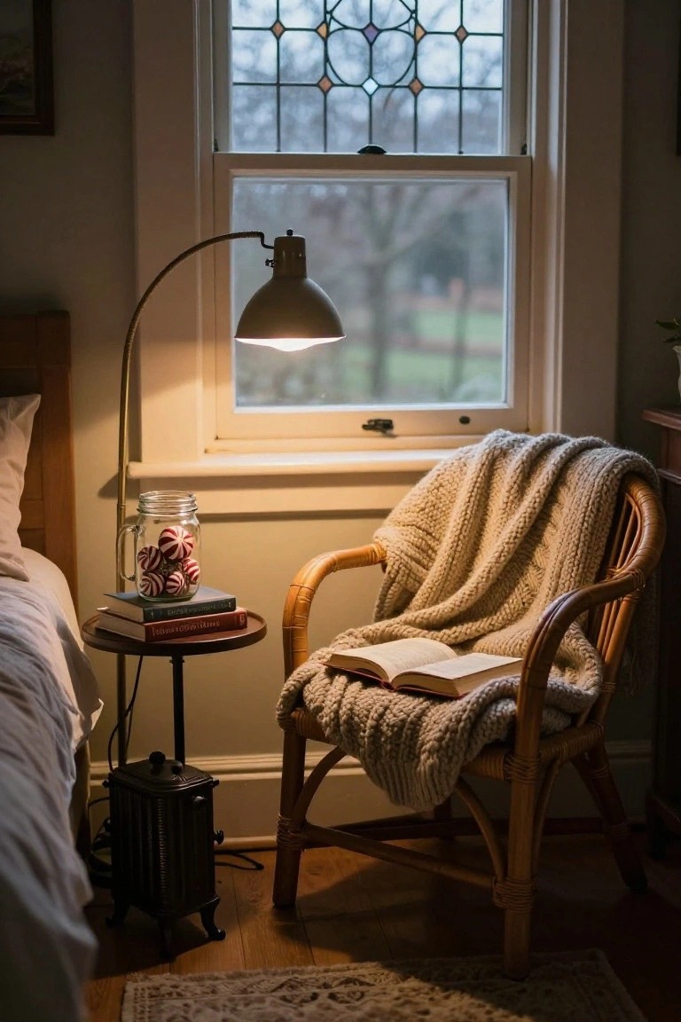 Bedroom corner with a wicker armchair draped in a cream knit blanket holding an open book, side table with stacked books and a mason jar of red-and-white striped Christmas ornaments, adjustable lamp, and bed edge visible near a window with stained glass panes.