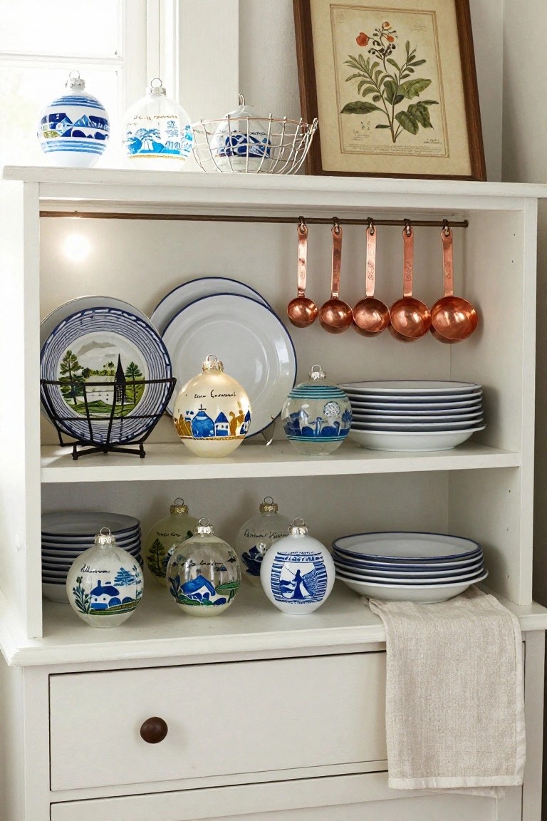 White open shelving unit in a kitchen displaying blue-and-white painted Christmas ornaments, Delftware-style plates and bowls, stacked dishes, copper ladles, and a linen towel on the drawer below.