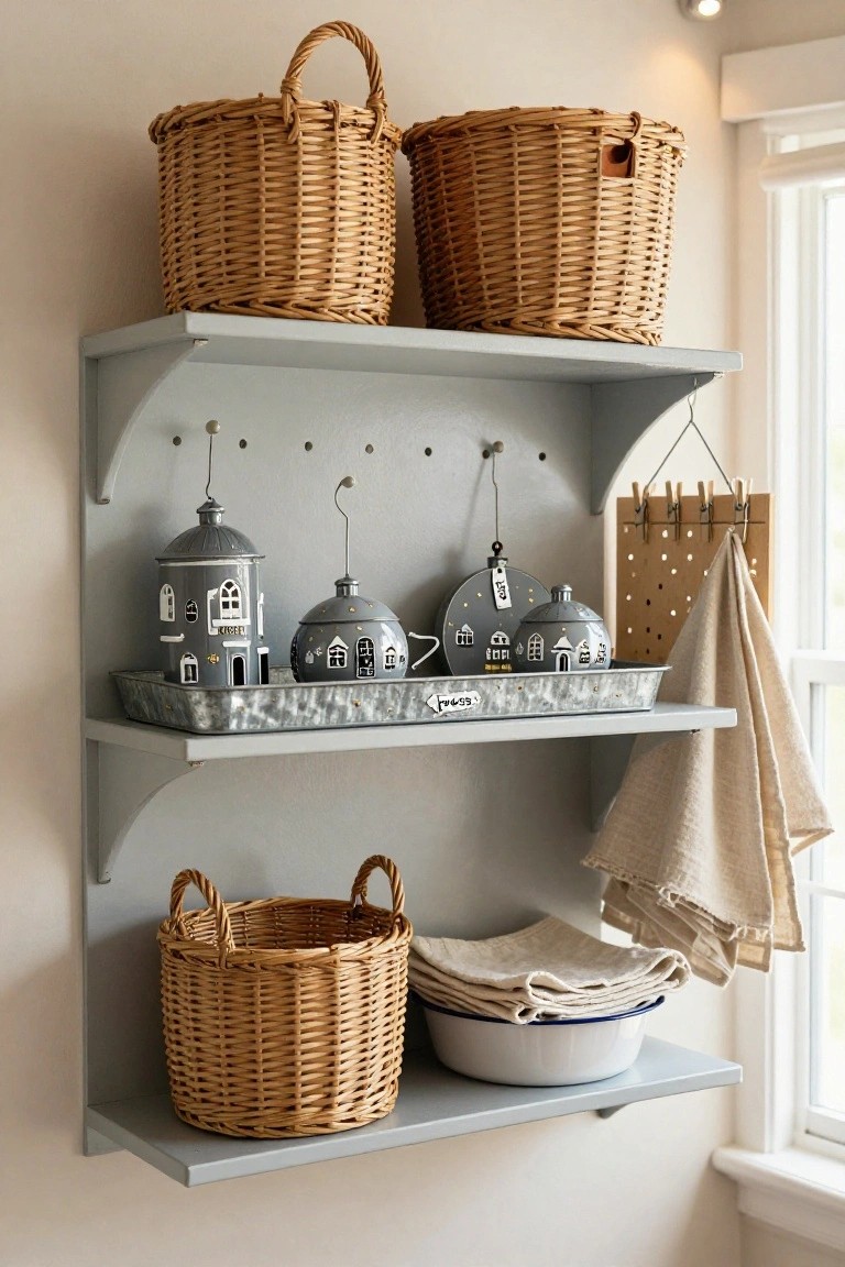 Light gray wall-mounted shelves displaying wicker baskets, a galvanized metal tray holding gray ceramic house-shaped ornaments, hanging decor items, stacked linens, and a white bowl in an indoor room with a window.