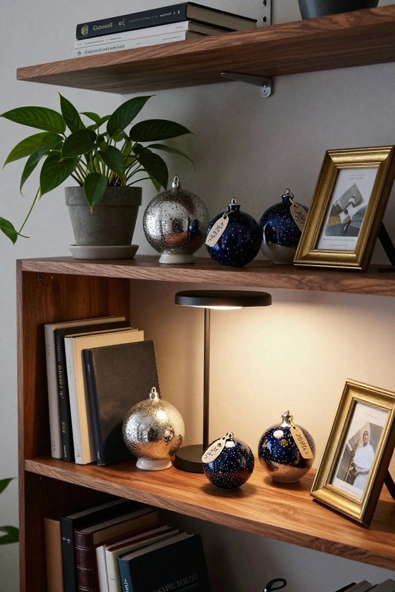Wooden open shelving unit in a light room displaying stacks of books, a potted plant, black desk lamp, gold-framed photos, and glass Christmas ornaments in silver and navy blue with star designs and paper tags.