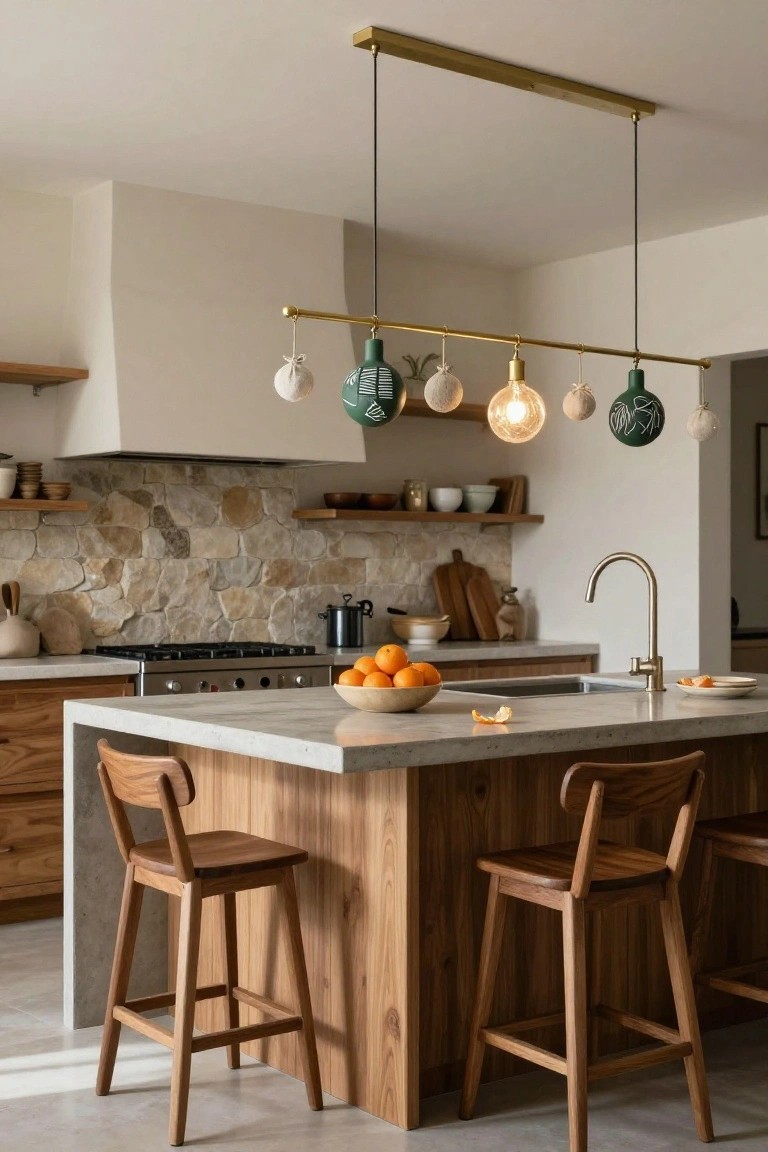 Modern kitchen interior featuring a central island with wooden bar stools, stone backsplash, brass linear pendant fixture with assorted green patterned and white globe shades, and bowls of oranges on the counter.