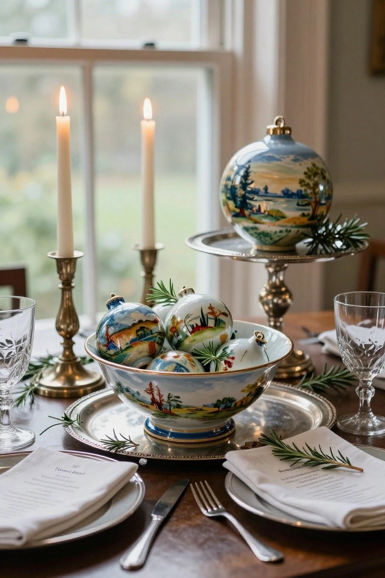 Close-up of a dining table with a white bowl filled with colorful painted Christmas ornaments, flanked by brass candlesticks, crystal glassware, linen napkins with menus, and silver trays.