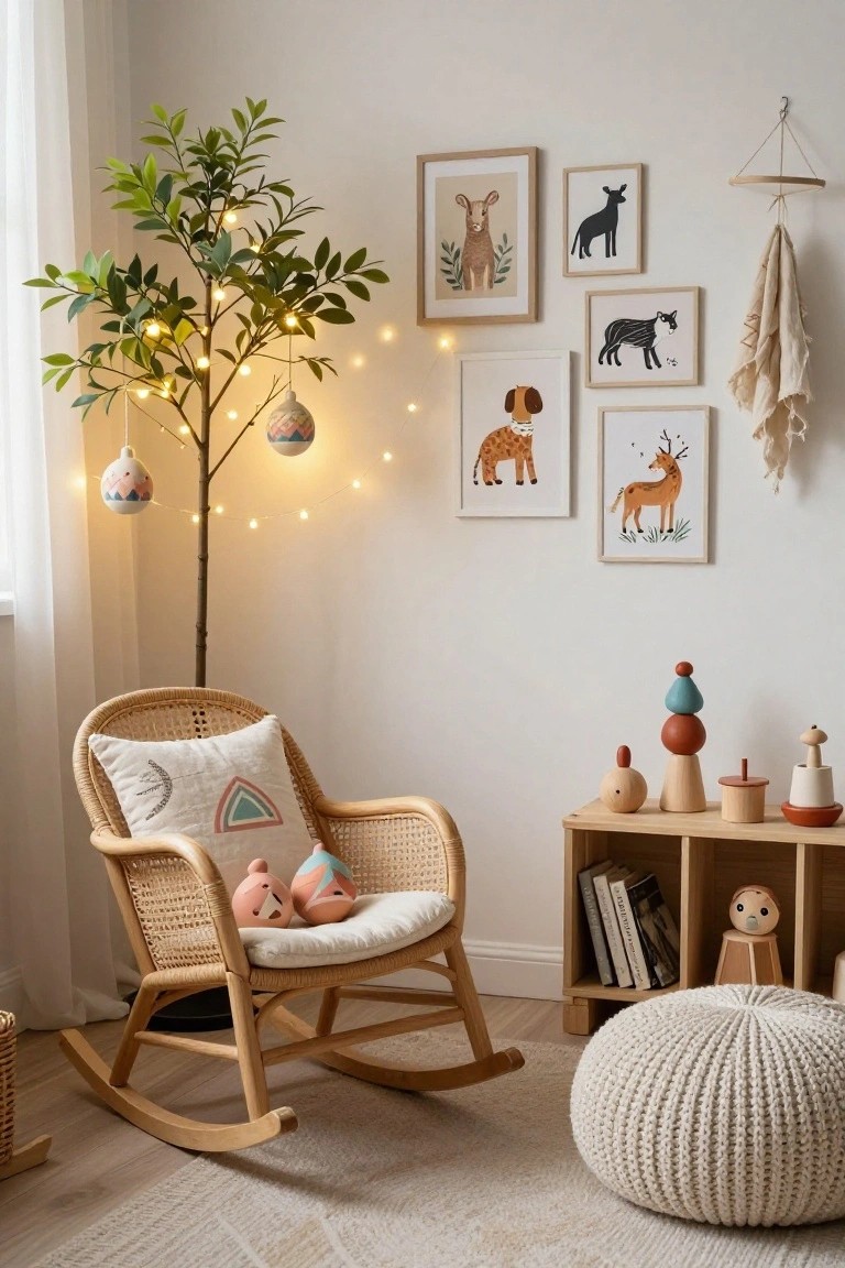 Cozy indoor nursery corner featuring a rattan rocking chair with pillows, small potted tree strung with fairy lights and painted ornaments, animal print wall art in wooden frames, wooden stacking toys on shelves, and a white knit pouf on the floor.