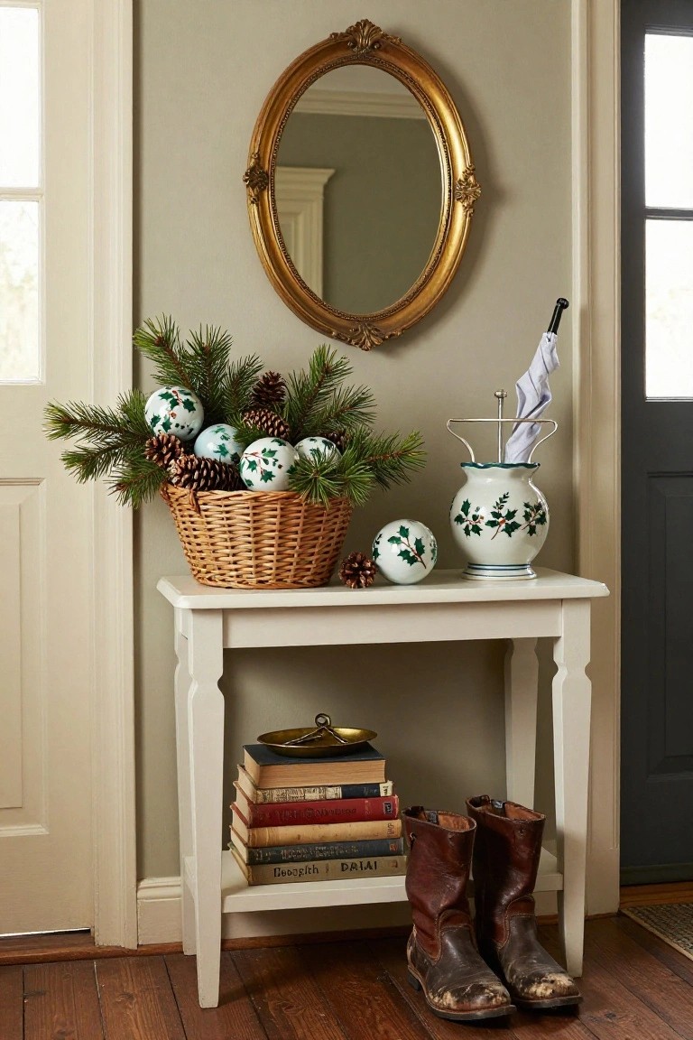 Entryway console table with woven basket of pine branches, pinecones, and white painted holly ornaments, gold-framed mirror above, books, brass dish, and brown leather boots on the floor.