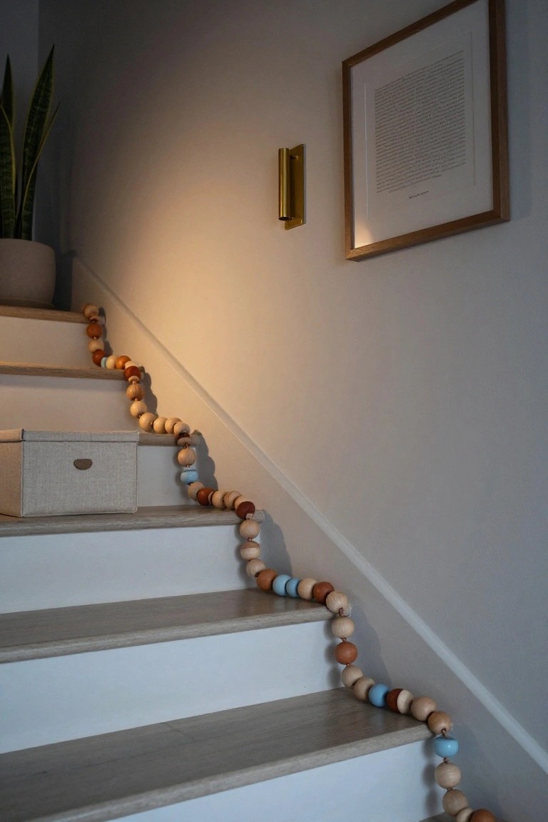 Wooden Bead Garland on Stairs